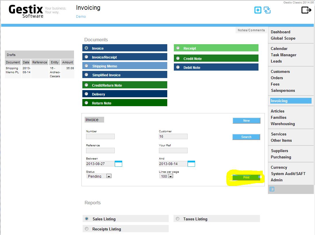 Press the Print button to print batches of the desired series of documents.