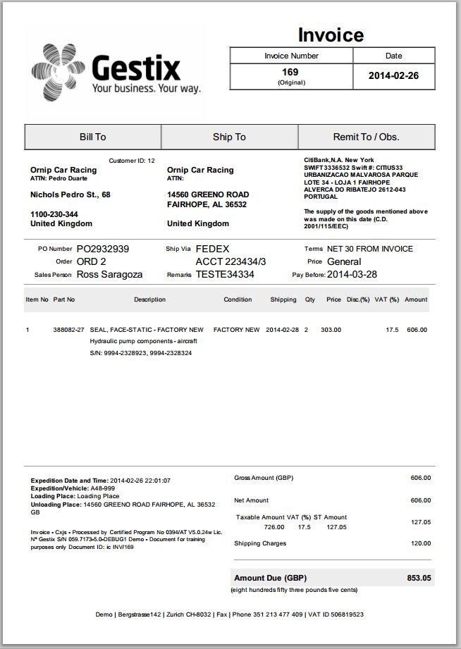 Invoice layout "Aviation Parts"