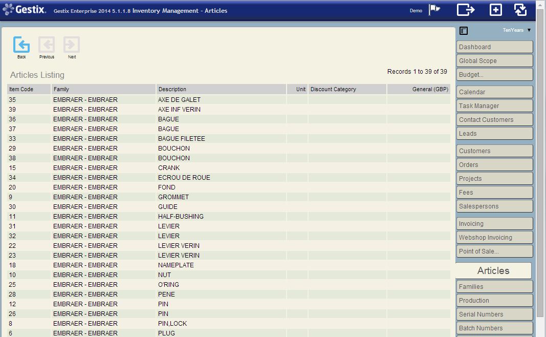 Listing the Embraer family of items just transferred from the CSV file