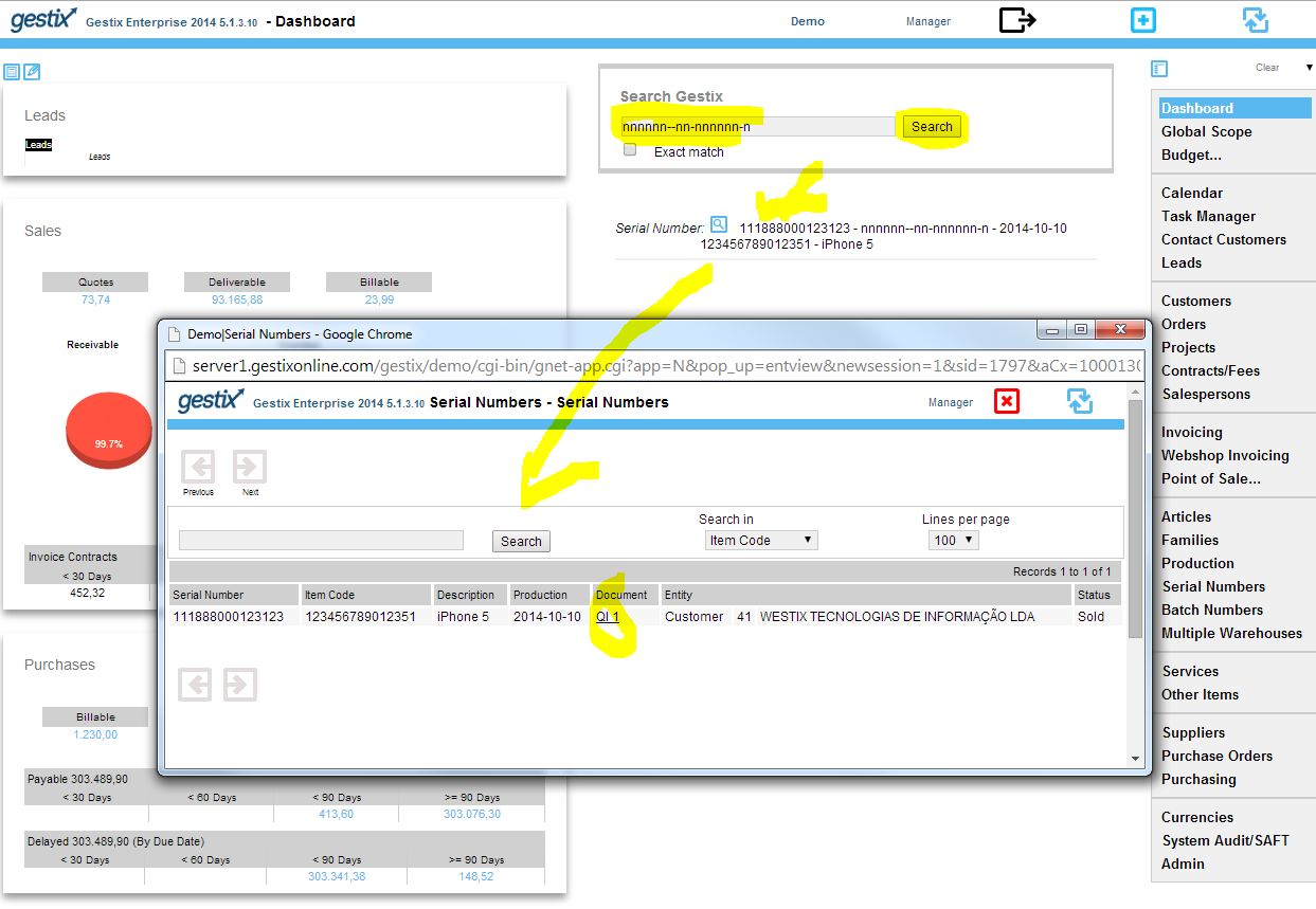 Searching the dashboard with IMEI or cellphone number and getting to the sales document