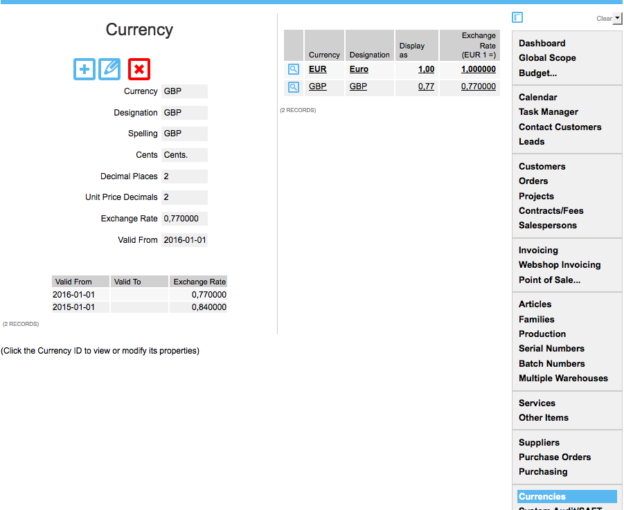 Currencies menu: Defining currencies and exchange rates