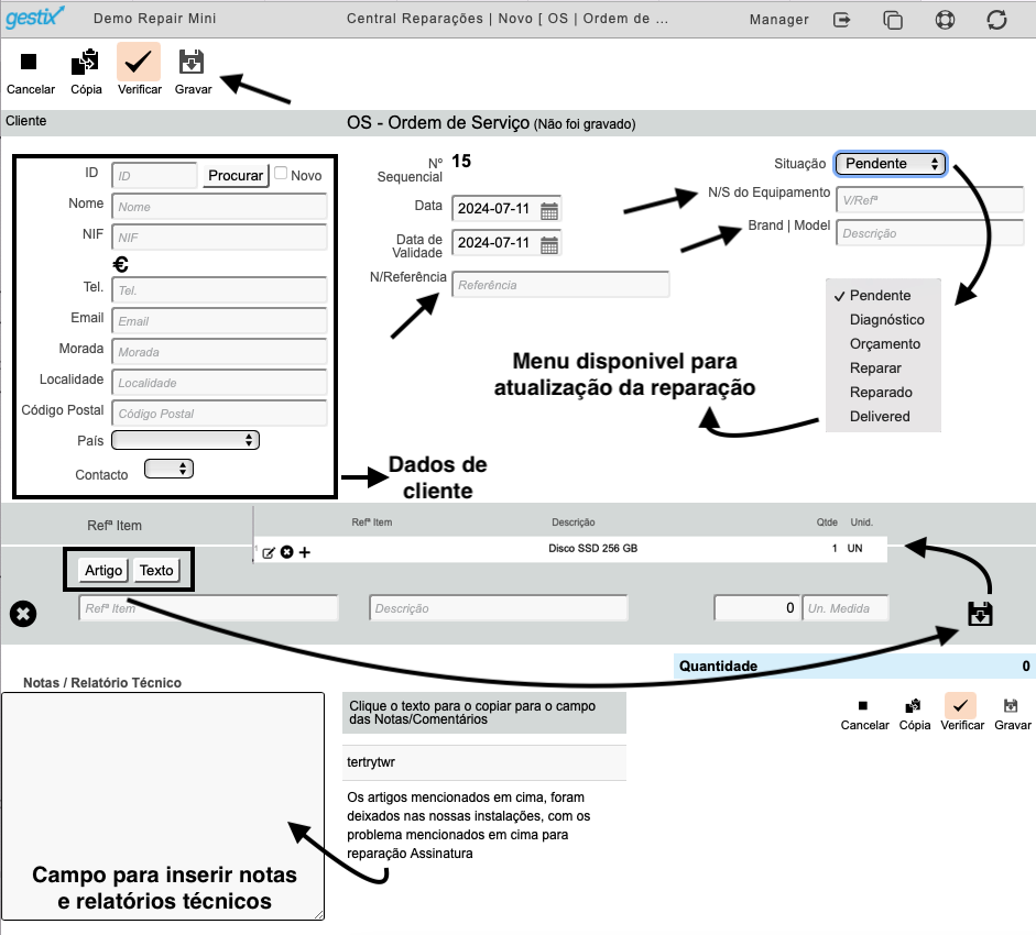 Software de Gestão Grátis Gestix Repair Central - Central de Reparações como preencher a Ordem de Serviço
