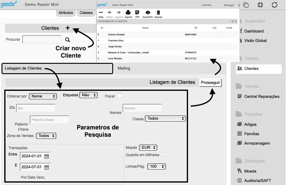 Programa gratis de ERP para a gestão de reparações menu Clientes